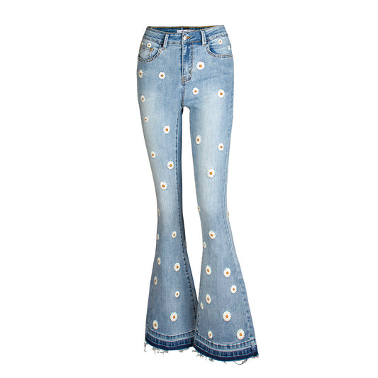 Daisy Embroidered Wide-Leg Denim